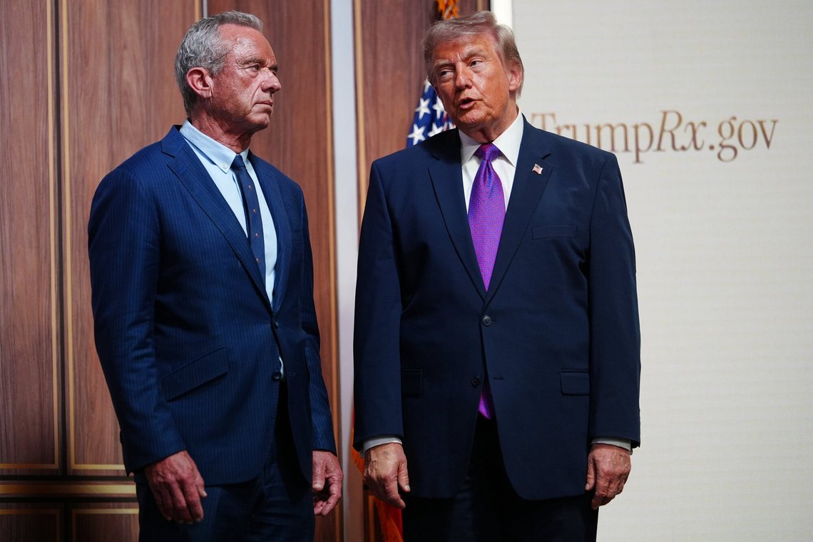 President Donald Trump speaks about prescription drug prices in the South Court Auditorium in the Eisenhower Executive Office Building on the White House campus, Monday, May 18, 2026, in Washington, as Health and Human Services Secretary Robert F. Kennedy Jr., listens. (AP Photo/Julia Demaree Nikhinson) President Donald Trump speaks about prescription drug prices in the South Court Auditorium in the Eisenhower Executive Office Building on the White House campus, Monday, May 18, 2026, in Washington, as Health and Human Services Secretary Robert F. Kennedy Jr., listens. (AP Photo/Julia Demaree Nikhinson)