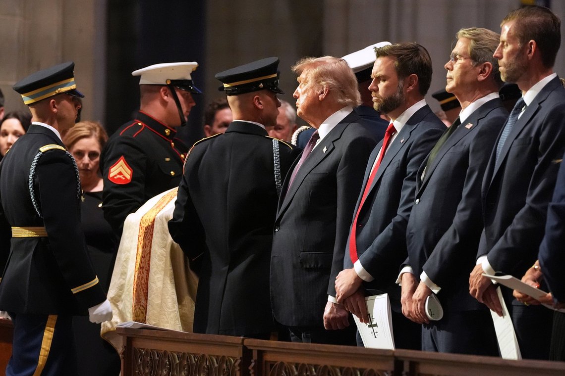 Sen. Darline Graham, R-S.C., President Donald Trump, Vice President JD Vance, Treasury Secretary Scott Bessent and Eric Trump, watch as an Armed Forces Body Bearer Team moves the casket of Sen. Lindsey Graham, R-S.C., during his funeral at the Washington National Cathedral, Tuesday, July 28, 2026, in Washington. (AP Photo/Alex Brandon) Sen. Darline Graham, R-S.C., President Donald Trump, Vice President JD Vance, Treasury Secretary Scott Bessent and Eric Trump, watch as an Armed Forces Body Bearer Team moves the casket of Sen. Lindsey Graham, R-S.C., during his funeral at the Washington National Cathedral, Tuesday, July 28, 2026, in Washington. (AP Photo/Alex Brandon)
