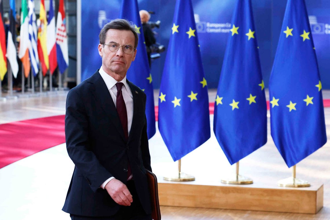 Sveriges statsminister, Ulf Kristersson, ankommer til et EU-topmøde i Det Europæiske Råds bygning i Bruxelles, torsdag den 6. marts 2025. (AP Photo/Omar Havana) Sveriges statsminister, Ulf Kristersson, ankommer til et EU-topmøde i Det Europæiske Råds bygning i Bruxelles, torsdag den 6. marts 2025. (AP Photo/Omar Havana)