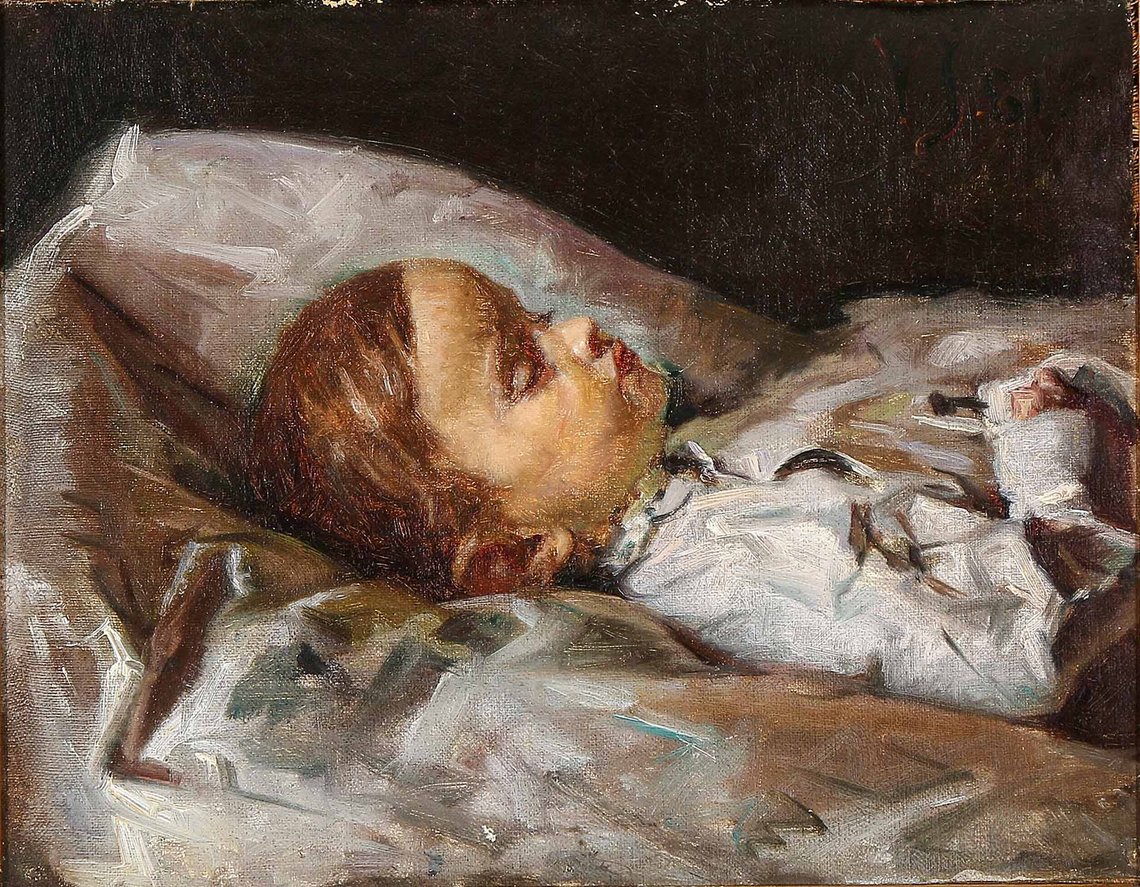 Viggo Johansen, dansk maler tilhørende Skagenmalerne-kredsen: Det døde barn, 1881. Viggo Johansen, dansk maler tilhørende Skagenmalerne-kredsen: Det døde barn, 1881.