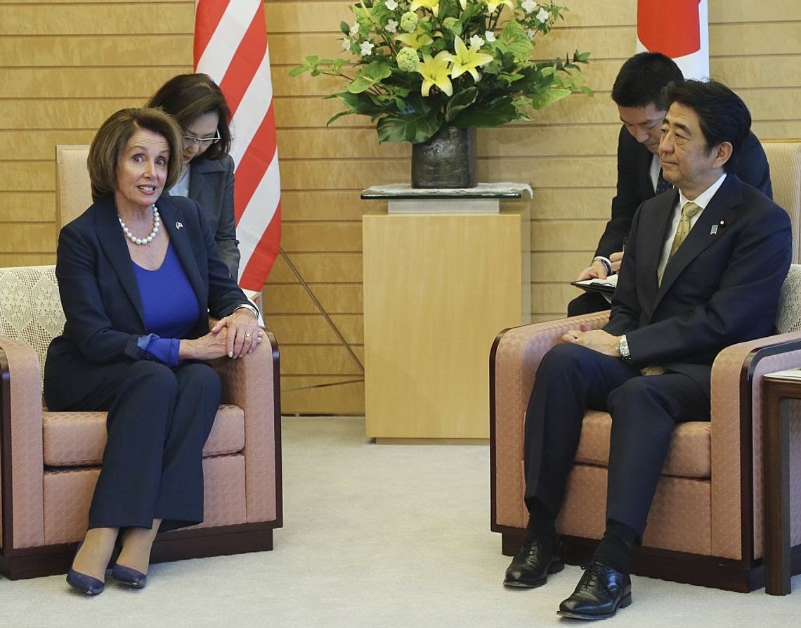 One hopes that Speaker Nancy Pelosi's upcoming visit to Taiwan is also intended to reassure free Asia that America will militarily defend Pacific democracies, despite the failure of the US either to deter Russia from invading Ukraine or adequately to defend it after it was invaded. Pictured: Pelosi meets with Japan's then Prime Minister Shinzo Abe in Tokyo on May 8, 2015. (Photo by Koji Sasahara/AFP via Getty Images) One hopes that Speaker Nancy Pelosi's upcoming visit to Taiwan is also intended to reassure free Asia that America will militarily defend Pacific democracies, despite the failure of the US either to deter Russia from invading Ukraine or adequately to defend it after it was invaded. Pictured: Pelosi meets with Japan's then Prime Minister Shinzo Abe in Tokyo on May 8, 2015. (Photo by Koji Sasahara/AFP via Getty Images)