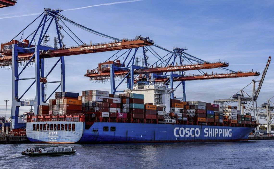 Germany's government has decided to let China's state-owned COSCO Shipping Ports, which has links to the People's Liberation Army, buy a stake in the Port of Hamburg. Pictured: COSCO Shipping Corporation's container ship Xin Lian Yun Gang is unloaded at the Port of Hamburg on October 26, 2022. (Photo by Axel Heimken/AFP via Getty Images) Germany's government has decided to let China's state-owned COSCO Shipping Ports, which has links to the People's Liberation Army, buy a stake in the Port of Hamburg. Pictured: COSCO Shipping Corporation's container ship Xin Lian Yun Gang is unloaded at the Port of Hamburg on October 26, 2022. (Photo by Axel Heimken/AFP via Getty Images)
