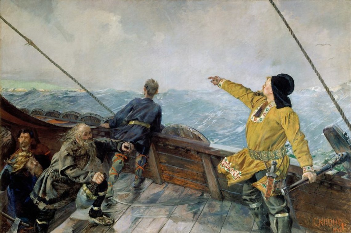 Leiv Eiriksson discovers America, painted by Christian Krohg, 1893. Image from Wikimedia commons. Leiv Eiriksson discovers America, painted by Christian Krohg, 1893. Image from Wikimedia commons.