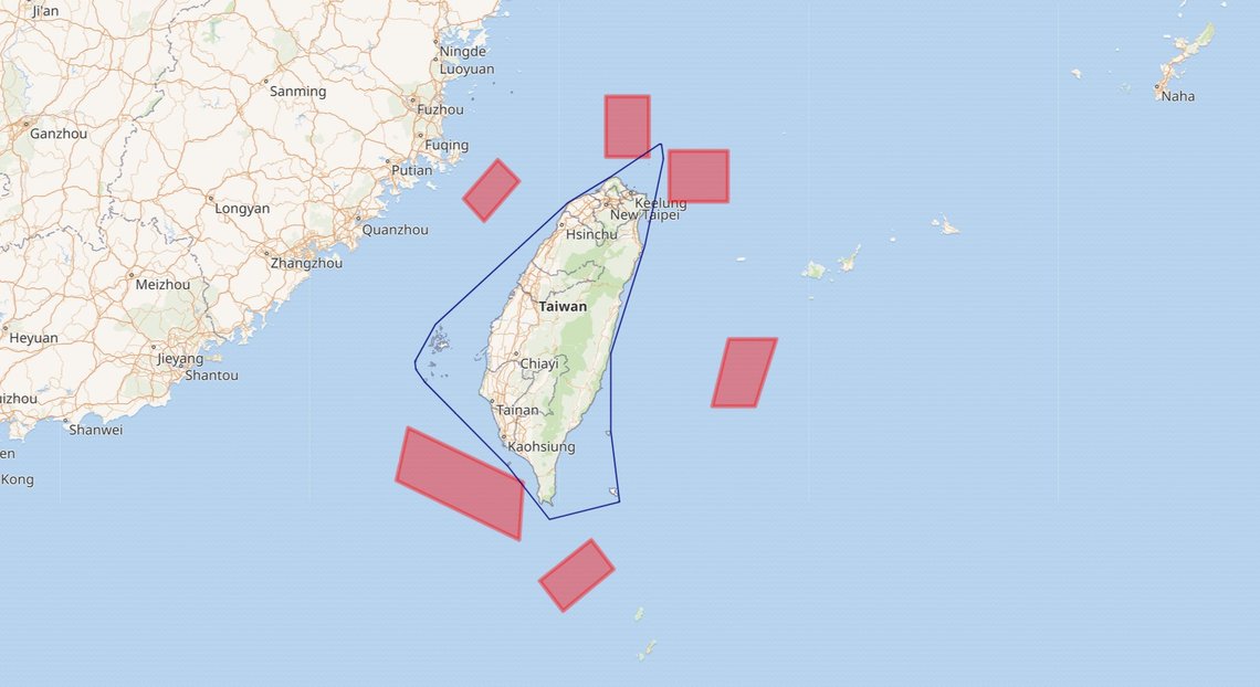 Areas of operation as China conduct military exercises around Taiwan
OpenStreetMap contributors and Wikimedia maps contributors, CC BY-SA 4.0, Wikimedia Commons Areas of operation as China conduct military exercises around Taiwan
OpenStreetMap contributors and Wikimedia maps contributors, CC BY-SA 4.0, Wikimedia Commons