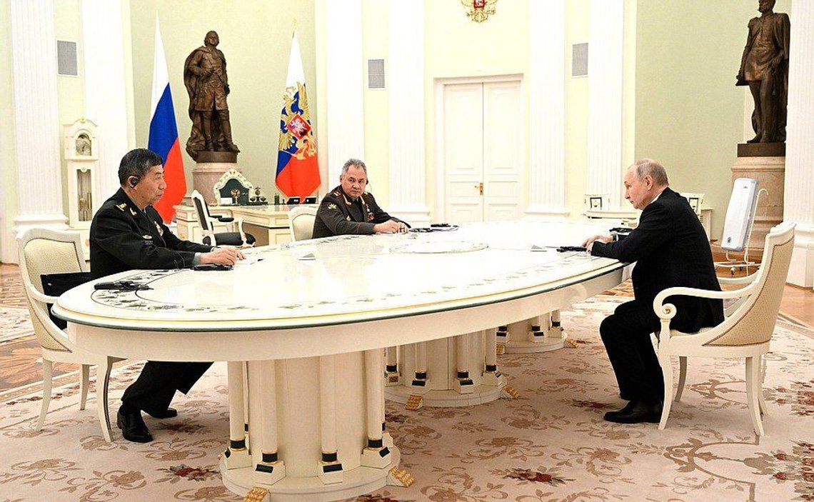 China's Defense Minister Gen. Li Shangfu speaks to Russian President Vladimir Putin and Russian Defense Minister Sergei Shoigu during their meeting at the Kremlin in Moscow, Russia, Sunday, April 16, 2023. (Photo via Twitter) China's Defense Minister Gen. Li Shangfu speaks to Russian President Vladimir Putin and Russian Defense Minister Sergei Shoigu during their meeting at the Kremlin in Moscow, Russia, Sunday, April 16, 2023. (Photo via Twitter)