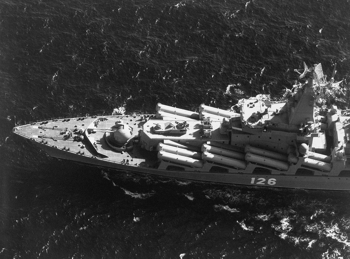An aerial starboard view of the bow section of a Soviet Slava class guided missile cruiser showing 16 SS-N-12 missiles, a twin 130 mm dual purpose gun, and two 30 mm gatling guns. Photo: author unknown, Public domain, Wikimedia Commons An aerial starboard view of the bow section of a Soviet Slava class guided missile cruiser showing 16 SS-N-12 missiles, a twin 130 mm dual purpose gun, and two 30 mm gatling guns. Photo: author unknown, Public domain, Wikimedia Commons