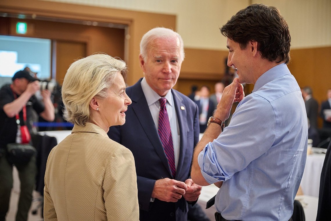 US President Joe Biden, Ursula von der Leyen, Justin Trudeau, at the G7 summit in Japan. Photo: European Commission (Dati Bendo), Attribution, via Wikimedia Commons US President Joe Biden, Ursula von der Leyen, Justin Trudeau, at the G7 summit in Japan. Photo: European Commission (Dati Bendo), Attribution, via Wikimedia Commons