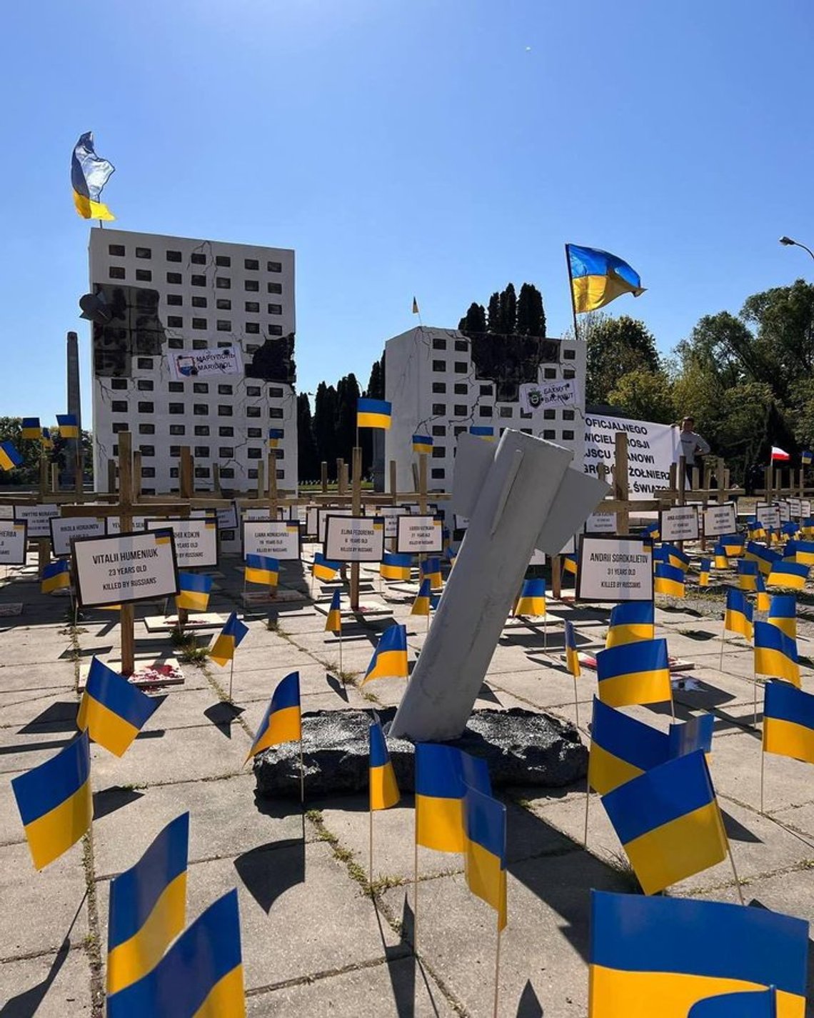 A wreath placed by Russia's ambassador to Poland lies in front of an installation representing Russian crimes in Ukraine, in Warsaw, Poland, on Tuesday May 9, 2023. The one-day installation was set up by Ukrainian activists on the day when Russia celebrates the Allied defeat of Nazi Germany at the end of World War II. The large installation blocked the path of Russia's ambassador to Poland and prevented him from placing the wreath at a Warsaw memorial to Soviet soldiers. Image source / Twitter A wreath placed by Russia's ambassador to Poland lies in front of an installation representing Russian crimes in Ukraine, in Warsaw, Poland, on Tuesday May 9, 2023. The one-day installation was set up by Ukrainian activists on the day when Russia celebrates the Allied defeat of Nazi Germany at the end of World War II. The large installation blocked the path of Russia's ambassador to Poland and prevented him from placing the wreath at a Warsaw memorial to Soviet soldiers. Image source / Twitter