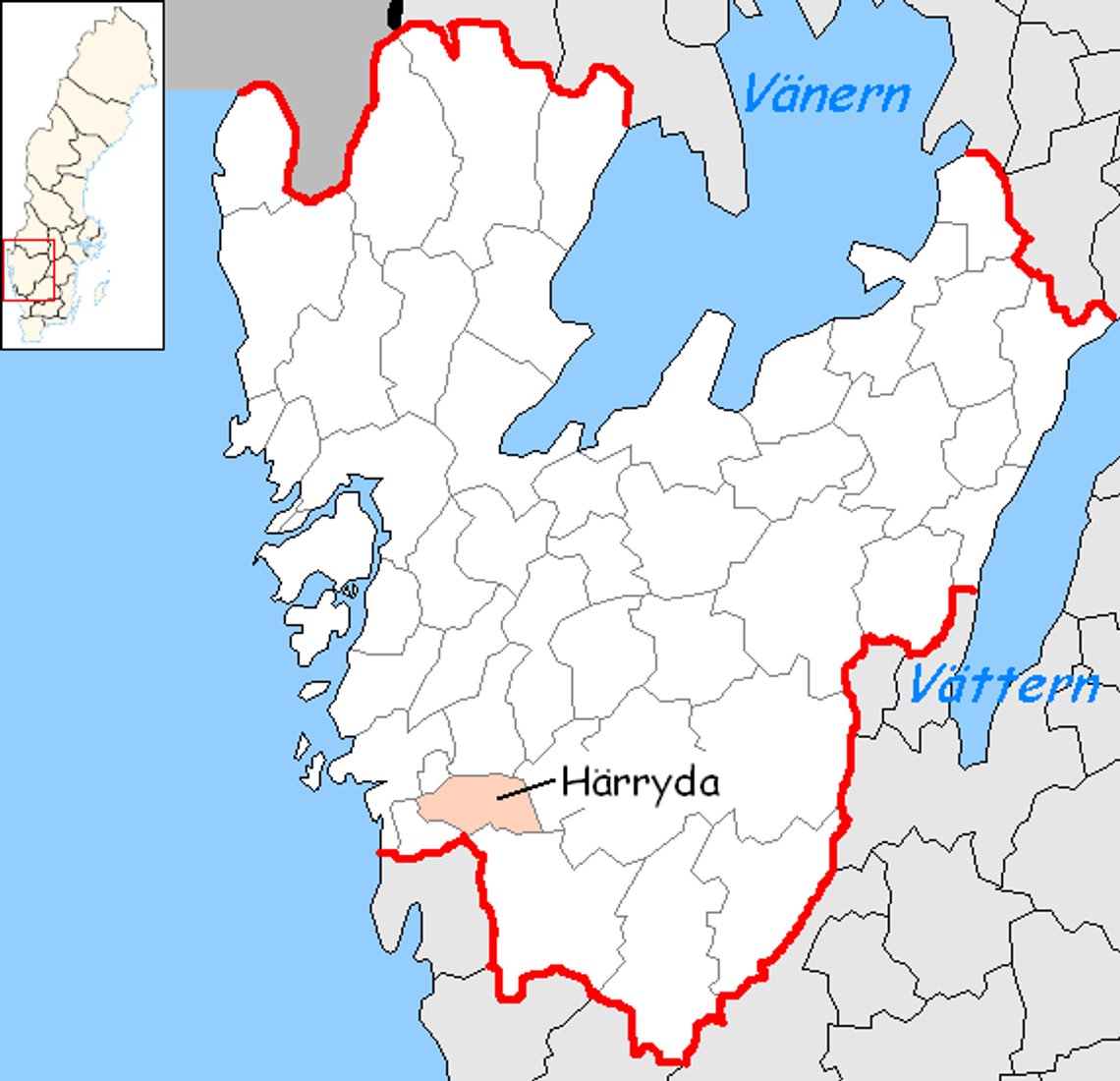 Härryda Municipality in Västra Götaland County. Image:Nordelch (CC BY-SA 2.5, Wikimedia Commons Härryda Municipality in Västra Götaland County. Image:Nordelch (CC BY-SA 2.5, Wikimedia Commons