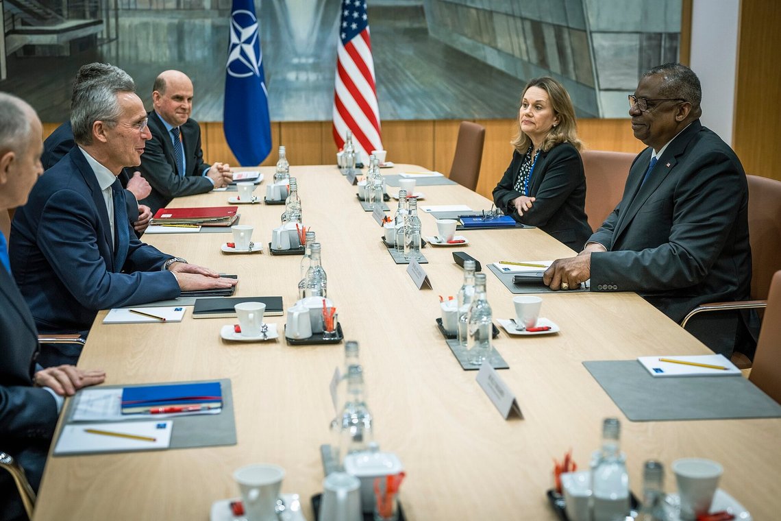 Secretary of Defense Lloyd J. Austin III meeets with NATO Secretary General Jens Stoltenberg at NATO headquarters, Brussels, Belgium, Feb. 14, 2023. Austin hosted the ninth meeting of the Ukraine Defense Contact Group that brought together 54 countries for continuing discussions on support to Ukraine in its war with Russia. Photo: U.S. Secretary of Defense, CC BY 2.0, Wikimedia Commons Secretary of Defense Lloyd J. Austin III meeets with NATO Secretary General Jens Stoltenberg at NATO headquarters, Brussels, Belgium, Feb. 14, 2023. Austin hosted the ninth meeting of the Ukraine Defense Contact Group that brought together 54 countries for continuing discussions on support to Ukraine in its war with Russia. Photo: U.S. Secretary of Defense, CC BY 2.0, Wikimedia Commons