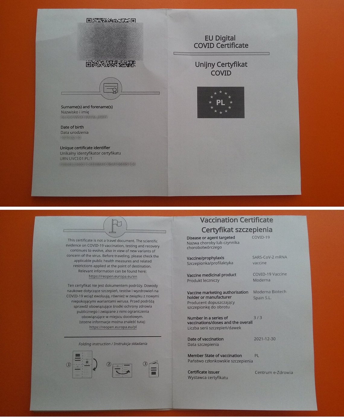 After the third dose of vaccine. EU Digital COVID Certificate (COVID-19 passport) downloaded from Polish government website. Photo: WrS.tm.pl, Public domain, via Wikimedia Commons After the third dose of vaccine. EU Digital COVID Certificate (COVID-19 passport) downloaded from Polish government website. Photo: WrS.tm.pl, Public domain, via Wikimedia Commons