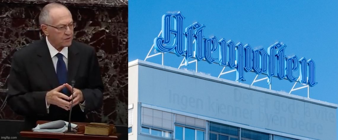 Photo 1: Alan Dershowitz arguing on the floor of the U.S. Senate during the Impeachment trial of Donald Trump. U.S. Senate via Wikimedia. Photo 2: Aftenposten building in Oslo, Norway. Photo 1: Alan Dershowitz arguing on the floor of the U.S. Senate during the Impeachment trial of Donald Trump. U.S. Senate via Wikimedia. Photo 2: Aftenposten building in Oslo, Norway.