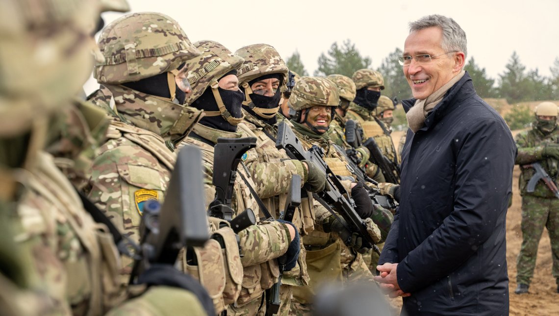 NATO Secretary General Jens Stoltenberg visiting NATO soldier at Ādaži military base in Latvia in February 2022. Photo: NATO.int NATO Secretary General Jens Stoltenberg visiting NATO soldier at Ādaži military base in Latvia in February 2022. Photo: NATO.int