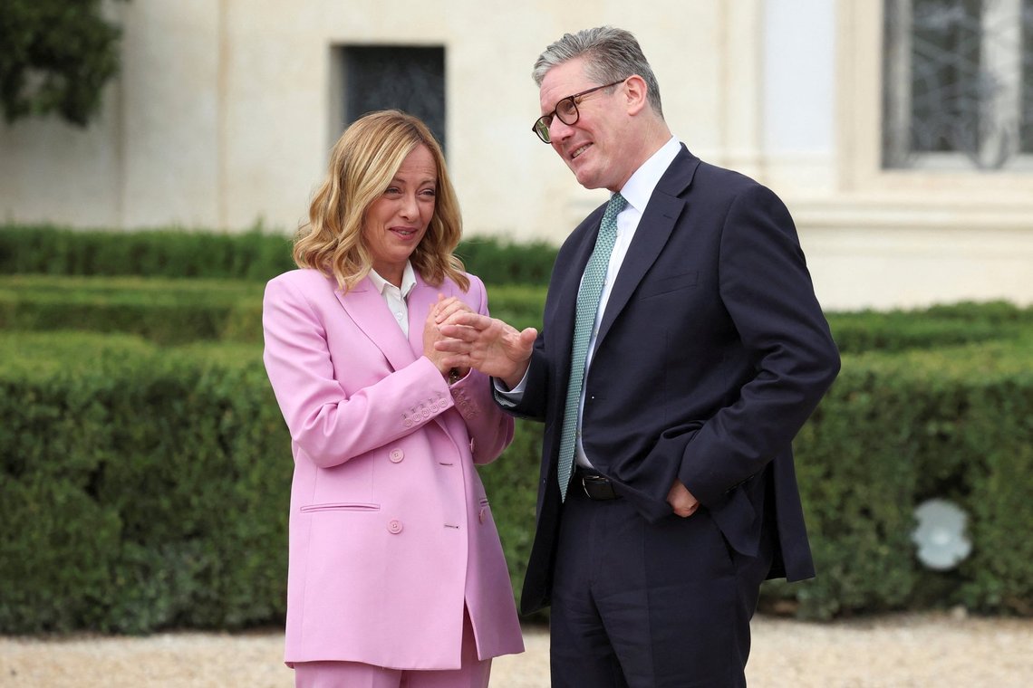 Italian Prime Minister Giorgia Meloni, left, and British Prime Minister Keir Starmer share a light moment as they meet at Villa Doria Pamphilj in Rome, Monday, Sept. 16, 2024. (Phil Noble/Pool Photo via AP) Italian Prime Minister Giorgia Meloni, left, and British Prime Minister Keir Starmer share a light moment as they meet at Villa Doria Pamphilj in Rome, Monday, Sept. 16, 2024. (Phil Noble/Pool Photo via AP)
