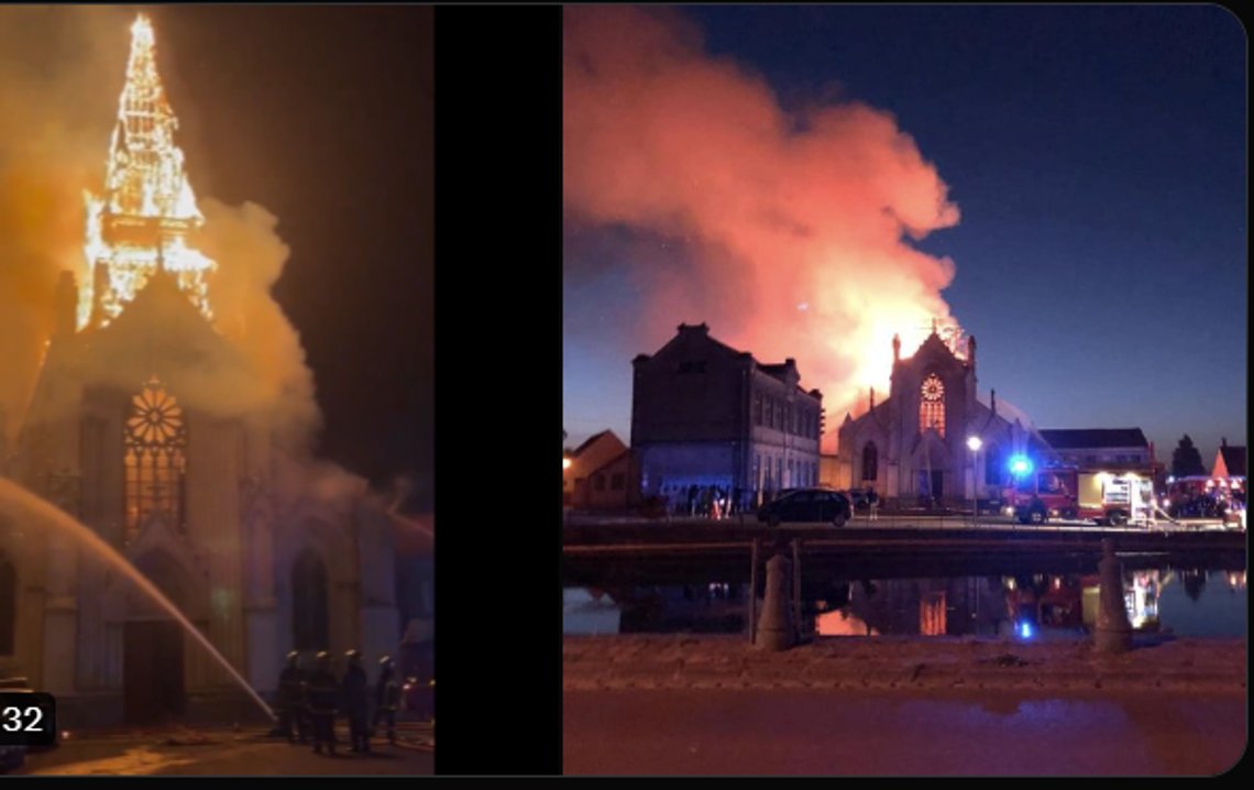 The Immaculée-Conception church in Saint-Omer is badly damaged after the fire. Still image X/ @SaintMontjoie The Immaculée-Conception church in Saint-Omer is badly damaged after the fire. Still image X/ @SaintMontjoie