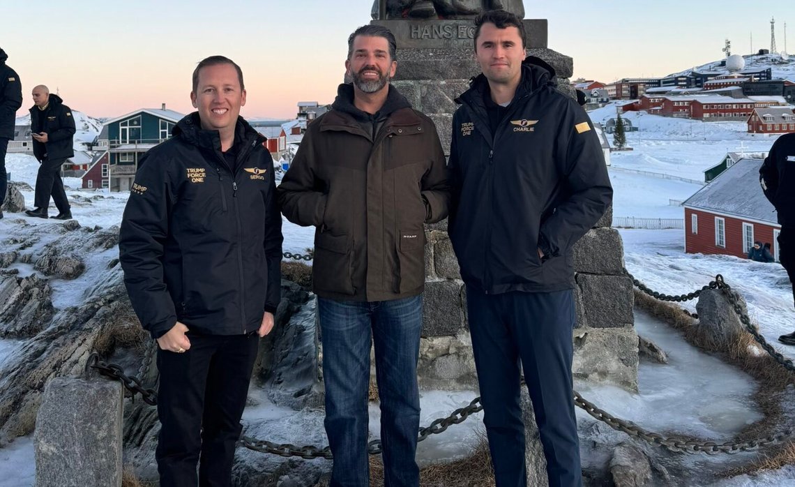 Donald Trump Jr and Charlie Kirk in front of the statue of Hans Egede who christened the people of Greenland Donald Trump Jr and Charlie Kirk in front of the statue of Hans Egede who christened the people of Greenland