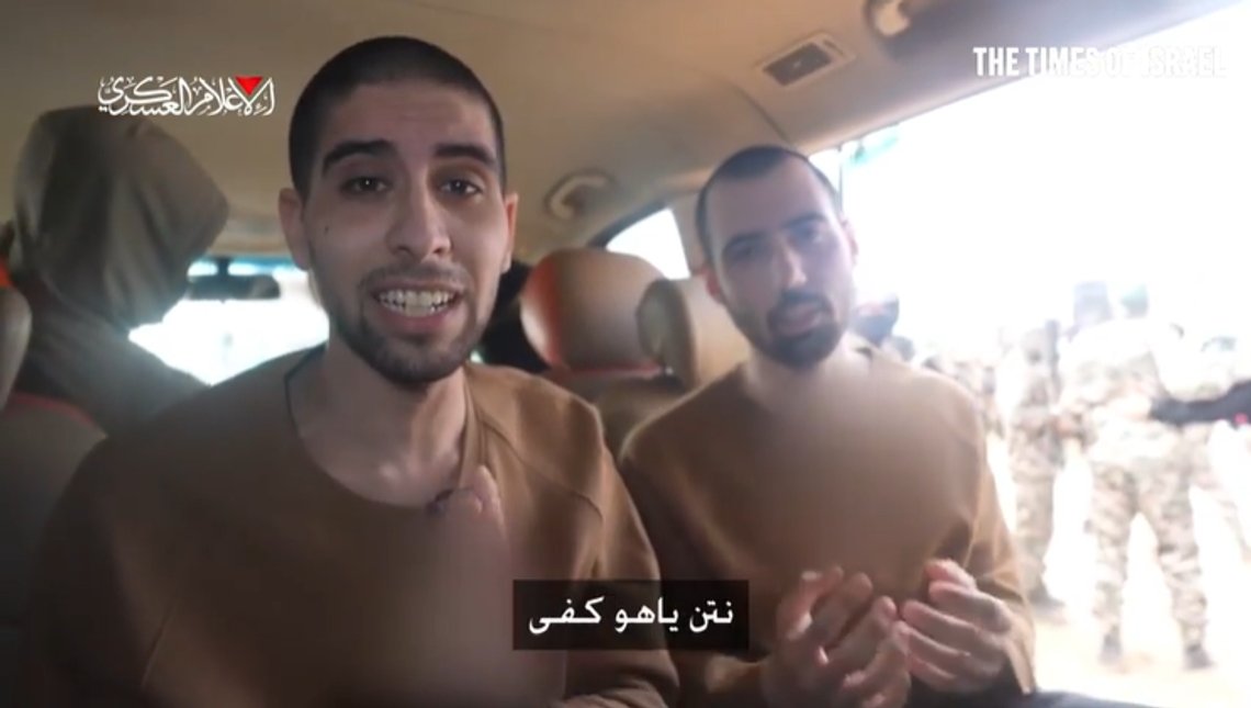 A Hamas propaganda video shows hostages Eviatar David and Guy Gilboa Dalal still being held captive in a car during the release of three other prisoners in central Gaza's Nuseirat, February 22, 2025. Photo: Screenshot video Hamas media / Times of Israel A Hamas propaganda video shows hostages Eviatar David and Guy Gilboa Dalal still being held captive in a car during the release of three other prisoners in central Gaza's Nuseirat, February 22, 2025. Photo: Screenshot video Hamas media / Times of Israel