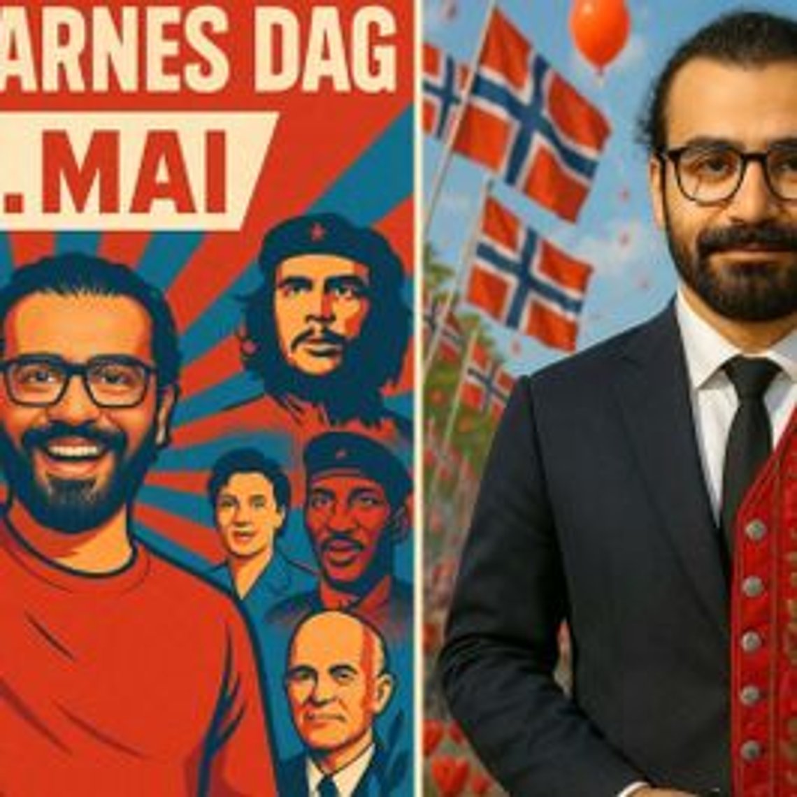 The Syrian Karim Tahir asked for tips about the traditional Norwegian costume (bunad) when he found out he had been chosen as a speaker for May 17th (Norwegian Constitution Day). On May 1st, he celebrated with an AI-generated image of himself alongside Marx and Che Guevara. Both communists must be said to have blood on their hands. Screenshot from Facebook/Karim Tahir. The Syrian Karim Tahir asked for tips about the traditional Norwegian costume (bunad) when he found out he had been chosen as a speaker for May 17th (Norwegian Constitution Day). On May 1st, he celebrated with an AI-generated image of himself alongside Marx and Che Guevara. Both communists must be said to have blood on their hands. Screenshot from Facebook/Karim Tahir.