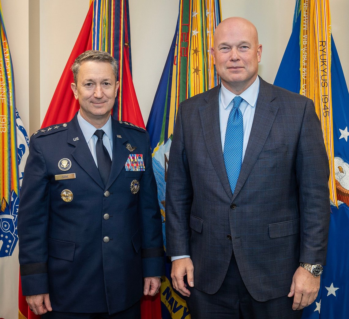 Chairman of the Joint Chiefs of Staff Gen. Dan Caine meets with U.S. Ambassador to Nato Mathew Whitaker at the Pentagon, Washington D.C. April 17, 2025. (DOD Photo by Chief Mass Communication Specialist James Mullen) Chairman of the Joint Chiefs of Staff Gen. Dan Caine meets with U.S. Ambassador to Nato Mathew Whitaker at the Pentagon, Washington D.C. April 17, 2025. (DOD Photo by Chief Mass Communication Specialist James Mullen)