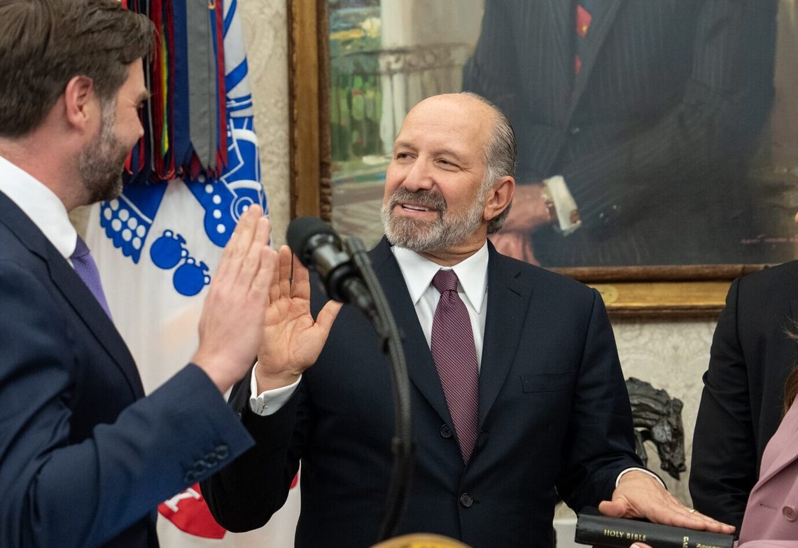 Swearing-in of Commerce Secretary Howard Lutnick, Friday, February 21, 2025, in the Oval Office.
Commerce Secretary Howard Lutnick is sworn in Friday, February 21, 2025, in the Oval Office.
(Official White House Photo by Joyce N. Boghosian) Swearing-in of Commerce Secretary Howard Lutnick, Friday, February 21, 2025, in the Oval Office.
Commerce Secretary Howard Lutnick is sworn in Friday, February 21, 2025, in the Oval Office.
(Official White House Photo by Joyce N. Boghosian)