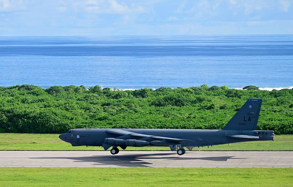 B-52 Stratofortress bombers land at Diego Garcia, the main atoll of British Indian Ocean territory, during a Bomber Task Force deployment B-52 Stratofortress bombers land at Diego Garcia, the main atoll of British Indian Ocean territory, during a Bomber Task Force deployment