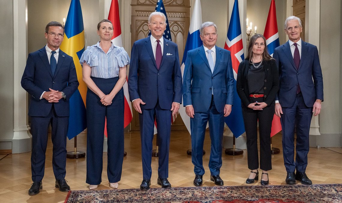 Støre with U.S. President Joe Biden and other Nordic leaders in Helsinki, July 13, 2023, at the Presidential Palace of Finland in Helsinki, Finland. Photo: Wikimedia Commons / Official White House Photo by Adam Schultz Støre with U.S. President Joe Biden and other Nordic leaders in Helsinki, July 13, 2023, at the Presidential Palace of Finland in Helsinki, Finland. Photo: Wikimedia Commons / Official White House Photo by Adam Schultz