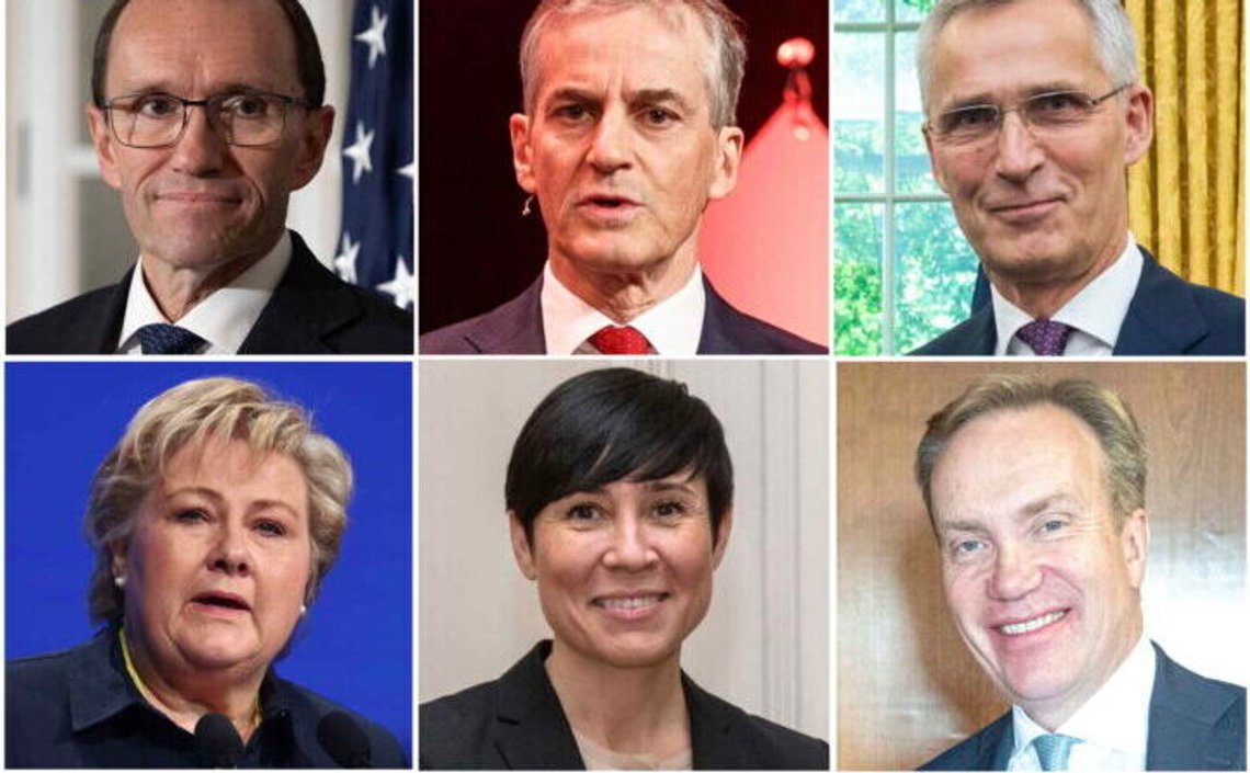 Espen Barth Eide (Photo: US Department of State), Jonas Gahr Støre (Photo: Norsk olje og gass / Wikimedia Commons (cc by-sa 2.0), Jens Stoltenberg (Photo: The White House), Erna Solberg (Photo: European Peoples' Party (EPP) / Wikimedia Commons (cc by 2.0), Ine Eriksen Søreide (Photo: Dutch Ministry of Foreign Affairs / Wikimedia Commons (cc by-sa 2.0) og Børge Brende (Photo: US Department of State). Espen Barth Eide (Photo: US Department of State), Jonas Gahr Støre (Photo: Norsk olje og gass / Wikimedia Commons (cc by-sa 2.0), Jens Stoltenberg (Photo: The White House), Erna Solberg (Photo: European Peoples' Party (EPP) / Wikimedia Commons (cc by 2.0), Ine Eriksen Søreide (Photo: Dutch Ministry of Foreign Affairs / Wikimedia Commons (cc by-sa 2.0) og Børge Brende (Photo: US Department of State).