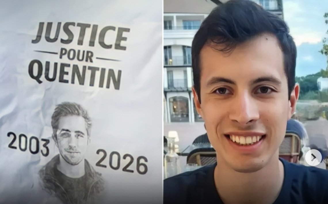 Placard calling for justice for 23-year-old conservative activist Quentin Deranque in Lille, France, on February 18, 2026. Deranque was beaten to death by suspected far-left militants in Lyon on February 12, 2026 (dying two days later on February 14). Photo: Screenshot from IG Placard calling for justice for 23-year-old conservative activist Quentin Deranque in Lille, France, on February 18, 2026. Deranque was beaten to death by suspected far-left militants in Lyon on February 12, 2026 (dying two days later on February 14). Photo: Screenshot from IG