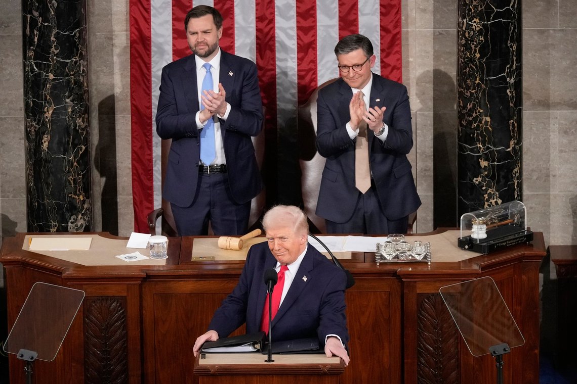 President Donald Trump delivers the State of the Union address to a joint session of Congress in the House chamber at the U.S. Capitol in Washington, Tuesday, Feb. 24, 2026, as Vice President JD Vance and House Speaker Mike Johnson of La., applaud. (AP Photo/Mark Schiefelbein) President Donald Trump delivers the State of the Union address to a joint session of Congress in the House chamber at the U.S. Capitol in Washington, Tuesday, Feb. 24, 2026, as Vice President JD Vance and House Speaker Mike Johnson of La., applaud. (AP Photo/Mark Schiefelbein)