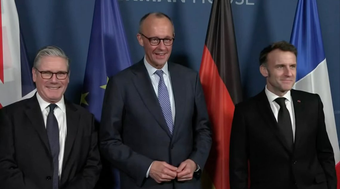 Starmer, Merz and Macron meet at the Munich Security Conference, 13. February 2026. Screenshot from YouTube. Starmer, Merz and Macron meet at the Munich Security Conference, 13. February 2026. Screenshot from YouTube.