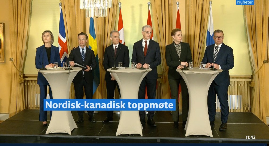 Oslo, 15 March 2026. From left: Iceland’s Prime Minister Kristrún Mjöll Frostadóttir, Sweden’s Prime Minister Ulf Kristersson, Canada’s Prime Minister Mark Carney, Norway’s Prime Minister Jonas Gahr Støre, Denmark’s Prime Minister Mette Frederiksen, and Finland’s Prime Minister Petteri Orpo at the government’s official residence (Norges representasjonsanlegg) on Sunday. The meeting takes place in connection with a Nordic–Canadian prime ministers’ meeting in Oslo. Oslo, 15 March 2026. From left: Iceland’s Prime Minister Kristrún Mjöll Frostadóttir, Sweden’s Prime Minister Ulf Kristersson, Canada’s Prime Minister Mark Carney, Norway’s Prime Minister Jonas Gahr Støre, Denmark’s Prime Minister Mette Frederiksen, and Finland’s Prime Minister Petteri Orpo at the government’s official residence (Norges representasjonsanlegg) on Sunday. The meeting takes place in connection with a Nordic–Canadian prime ministers’ meeting in Oslo.