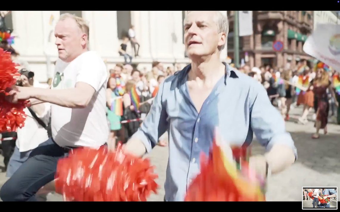 22 June 2019: Oslo’s Governing Mayor Raymond Johansen and Labour leader Jonas Gahr Støre, later Prime Minister from 2021, dancing at the Pride parade in Oslo. Video still. 22 June 2019: Oslo’s Governing Mayor Raymond Johansen and Labour leader Jonas Gahr Støre, later Prime Minister from 2021, dancing at the Pride parade in Oslo. Video still.