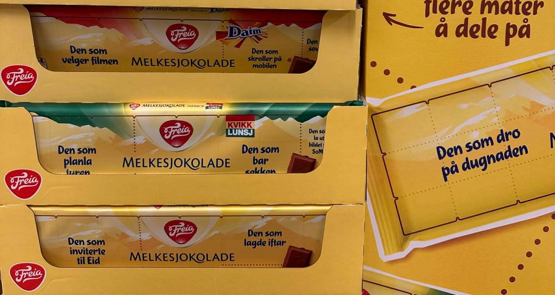 Freia’s milk chocolate was long marketed as “a little piece of Norway”, typically pictured with mountains and grazing cows. Now owned by Mondelez, the brand has introduced packaging slogans inspired by Norwegian mountain holidays — such as “the one who started the coffee machine” and “the one who planned the trip”. One slogan stands out: “the one who invited to Eid. Freia’s milk chocolate was long marketed as “a little piece of Norway”, typically pictured with mountains and grazing cows. Now owned by Mondelez, the brand has introduced packaging slogans inspired by Norwegian mountain holidays — such as “the one who started the coffee machine” and “the one who planned the trip”. One slogan stands out: “the one who invited to Eid.