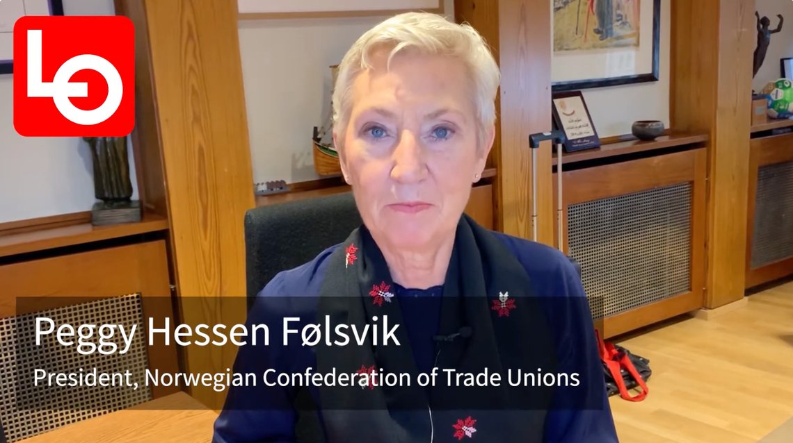 Peggy Hessen Følsvik, leader of LO (Norway's largest trade union confederation), sends greetings on the International Day of Solidarity with the Palestinian People (29 November 2021). Screenshot from YouTube. Peggy Hessen Følsvik, leader of LO (Norway's largest trade union confederation), sends greetings on the International Day of Solidarity with the Palestinian People (29 November 2021). Screenshot from YouTube.