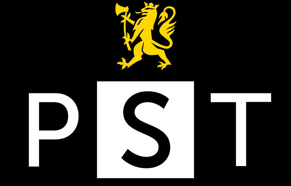 Logo of the Norwegian Police Security Service (Politiets sikkerhetstjeneste, PST), the civilian security and intelligence agency under the Ministry of Justice and Public Security. Logo of the Norwegian Police Security Service (Politiets sikkerhetstjeneste, PST), the civilian security and intelligence agency under the Ministry of Justice and Public Security.