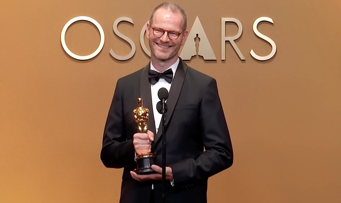 Joachim Trier, winner of the award for international feature film for "Sentimental Value," poses in the press room at the Oscars on Sunday, March 15, 2026, at the Dolby Theatre in Los Angeles. Screenshot from YouTube. Joachim Trier, winner of the award for international feature film for "Sentimental Value," poses in the press room at the Oscars on Sunday, March 15, 2026, at the Dolby Theatre in Los Angeles. Screenshot from YouTube.