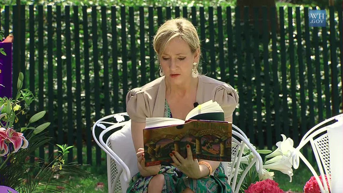 5 April 2010 - Author J.K. Rowling reads from Harry Potter and the Sorcerer's Stone at the Easter Egg Roll at White House. Screenshot taken from official White House video. 5 April 2010 - Author J.K. Rowling reads from Harry Potter and the Sorcerer's Stone at the Easter Egg Roll at White House. Screenshot taken from official White House video.