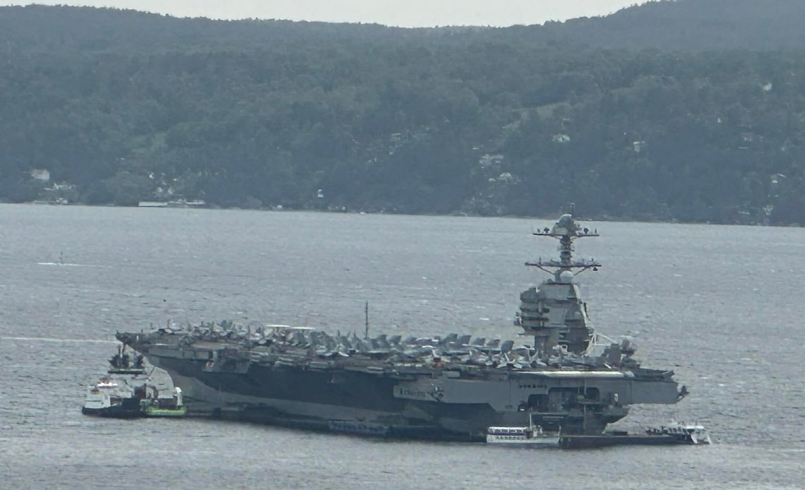 May 27, 2023 – USS Gerald R. Ford in the Oslo Fjord. The historic visit — the first by a U.S. aircraft carrier to Norway in 65 years — served as a thank-you for Norway granting the U.S. exclusive rights to 12 military bases on Norwegian soil. Photo: Christian Borchsenius May 27, 2023 – USS Gerald R. Ford in the Oslo Fjord. The historic visit — the first by a U.S. aircraft carrier to Norway in 65 years — served as a thank-you for Norway granting the U.S. exclusive rights to 12 military bases on Norwegian soil. Photo: Christian Borchsenius