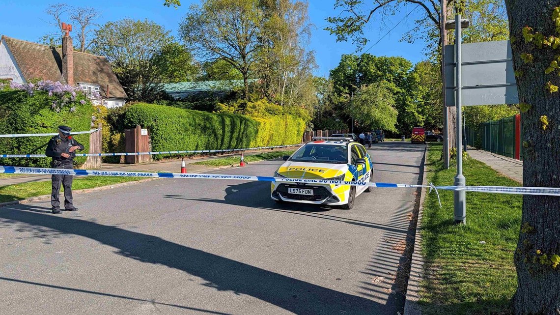 Police officers patrol at a cordon near Kenton United Synagogue in Harrow, a suburb of London, Sunday, April 19, 2026. Photo: PA Media Police officers patrol at a cordon near Kenton United Synagogue in Harrow, a suburb of London, Sunday, April 19, 2026. Photo: PA Media