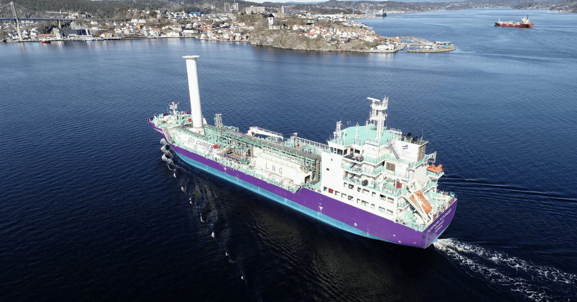 Northern Pathfinder (IMO 9954230), a modern purple and turquoise LNG-powered CO₂ carrier, sailing in Norwegian waters. Credit: Courtesy of Northern Lights. Northern Pathfinder (IMO 9954230), a modern purple and turquoise LNG-powered CO₂ carrier, sailing in Norwegian waters. Credit: Courtesy of Northern Lights.