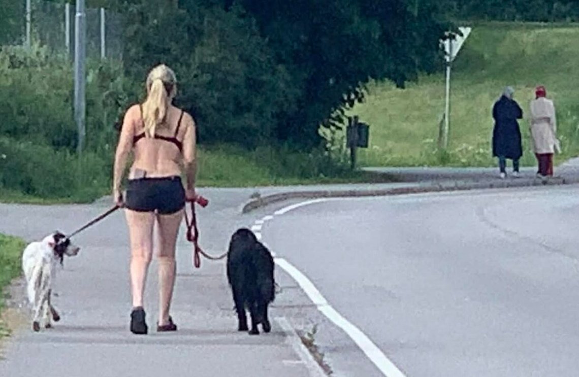 Cultural contrast: Norwegian woman with dogs walks past two heavily clothed women near a new asylum reception centre in Ringsaker, central Norway. Photo: Christian Borchsenius Cultural contrast: Norwegian woman with dogs walks past two heavily clothed women near a new asylum reception centre in Ringsaker, central Norway. Photo: Christian Borchsenius