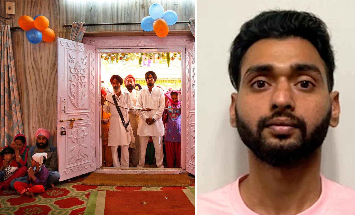Sikhs at a temple in Punjab, India. Right: One of the arrested gang members in California, Jasmeet Singh. Photo / United States District Court, Eastern District of California) Sikhs at a temple in Punjab, India. Right: One of the arrested gang members in California, Jasmeet Singh. Photo / United States District Court, Eastern District of California)