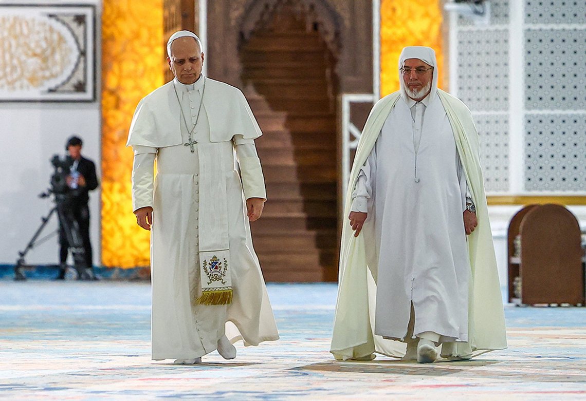 Pope Leo XIV and Rector of the Great Mosque of Algiers Mohammed Al-Mamoun Al-Qasimi Al-Hassani during a visit to the Great Mosque of Algiers (Djamaa El Djazair), in Mohamadia, Algiers, Algeria, April 13, 2026. Photo: Vatican Media (via National Catholic Reporter) Pope Leo XIV and Rector of the Great Mosque of Algiers Mohammed Al-Mamoun Al-Qasimi Al-Hassani during a visit to the Great Mosque of Algiers (Djamaa El Djazair), in Mohamadia, Algiers, Algeria, April 13, 2026. Photo: Vatican Media (via National Catholic Reporter)