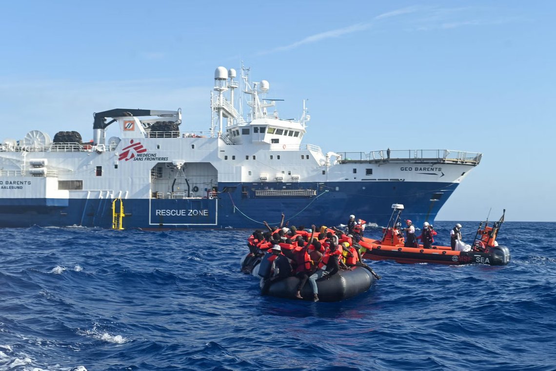 African migrants in a rubber boat are rescued by the Doctors Without Borders (MSF) ship Geo Barents in the Mediterranean Sea. Photo: MSF / Doctors Without Borders African migrants in a rubber boat are rescued by the Doctors Without Borders (MSF) ship Geo Barents in the Mediterranean Sea. Photo: MSF / Doctors Without Borders