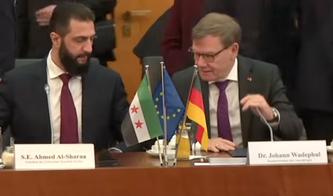 German Foreign Minister Johann Wadephul meets Syrian transitional President Ahmed al-Sharaa in Berlin, 30 March 2026. Video still from YouTube. German Foreign Minister Johann Wadephul meets Syrian transitional President Ahmed al-Sharaa in Berlin, 30 March 2026. Video still from YouTube.