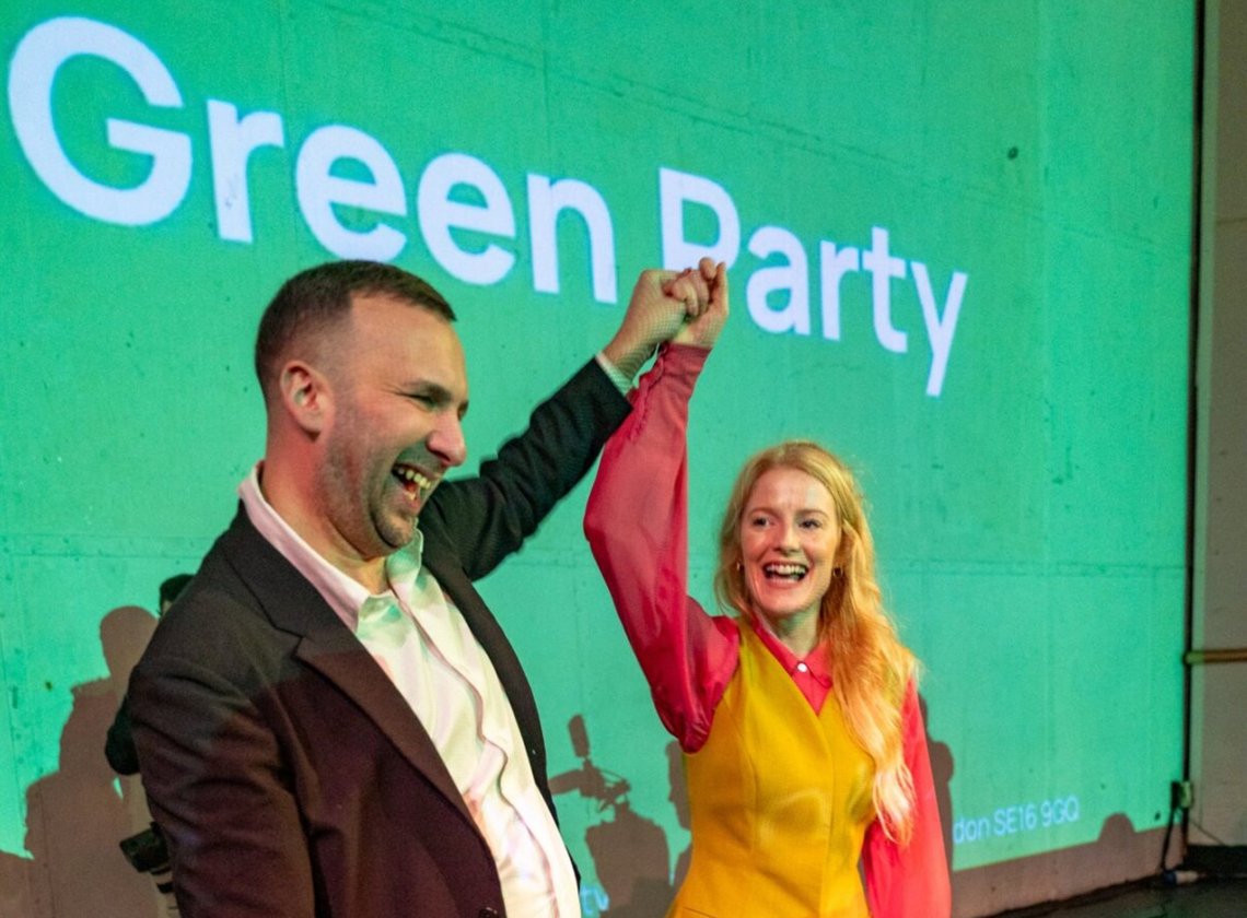 Green Party leader Zack Polanski celebrates the election victory in Gorton and Denton, Manchester, with the radical winning candidate Hannah Spencer. Photo: Green Party campaign image, Green Party leader Zack Polanski celebrates the election victory in Gorton and Denton, Manchester, with the radical winning candidate Hannah Spencer. Photo: Green Party campaign image,