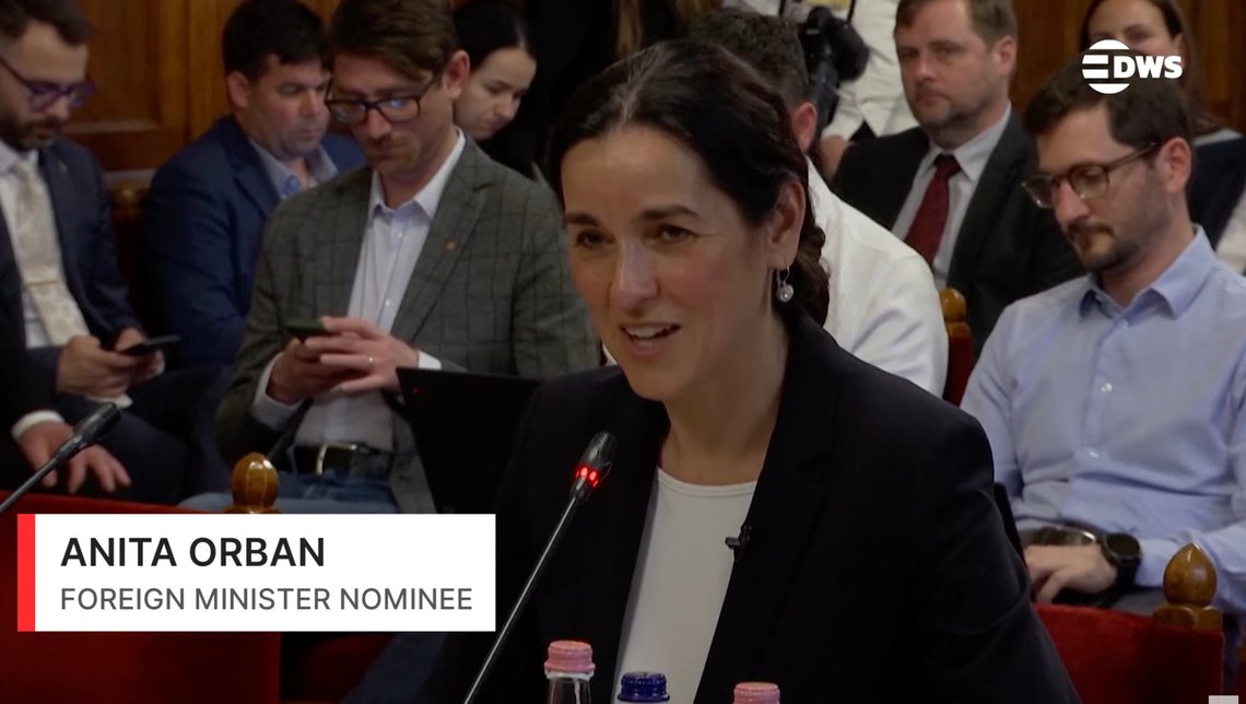 Anita Orbán, Hungary’s Foreign Minister nominee, addressing parliament in Budapest in May 2026, shortly before her election as Foreign Minister. Photo: Video still from YouTube Anita Orbán, Hungary’s Foreign Minister nominee, addressing parliament in Budapest in May 2026, shortly before her election as Foreign Minister. Photo: Video still from YouTube