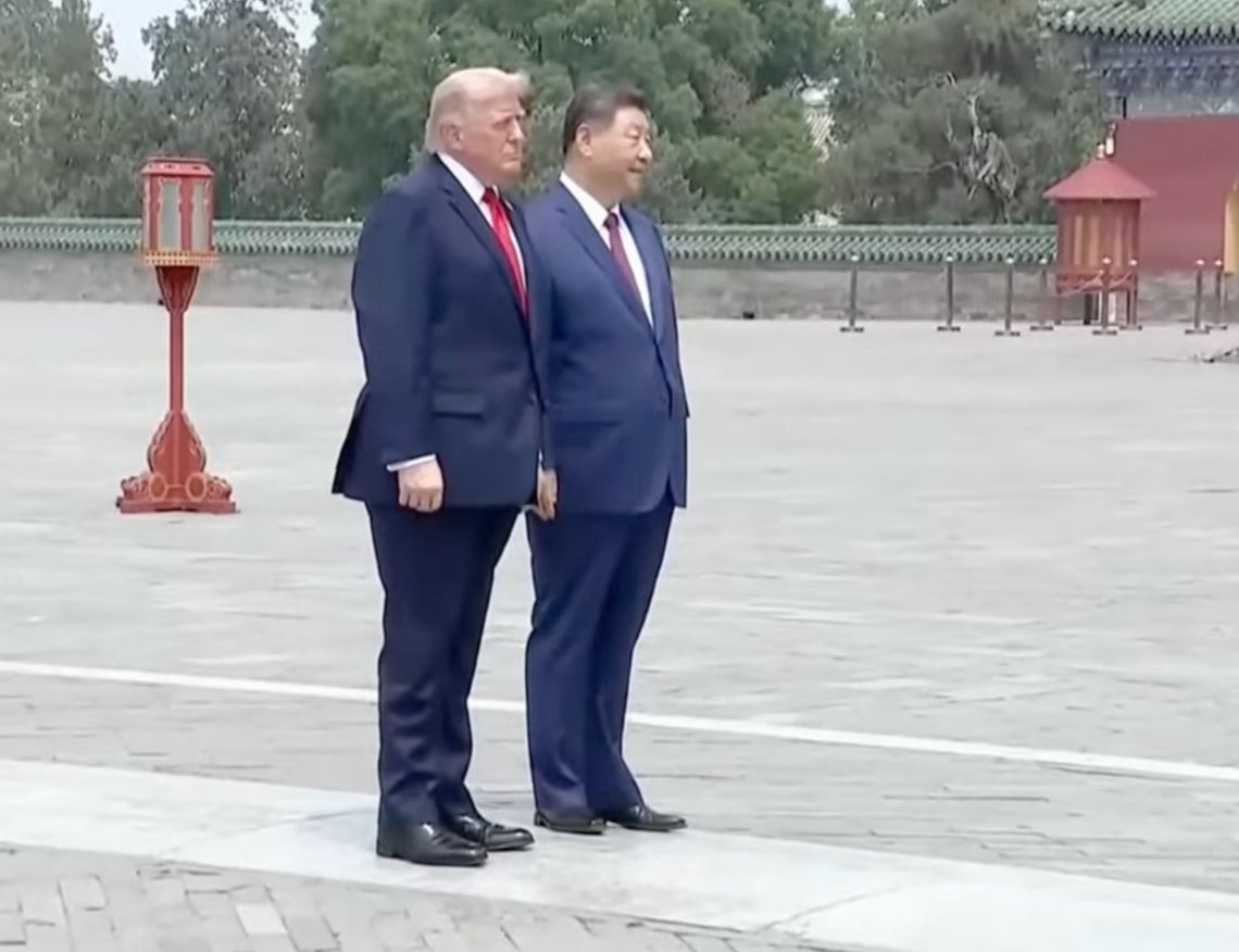 President Donald Trump, left, stands beside Chinese President Xi Jinping at the Temple of Heaven on Thursday May 14, 2026. Video still from YouTube. President Donald Trump, left, stands beside Chinese President Xi Jinping at the Temple of Heaven on Thursday May 14, 2026. Video still from YouTube.