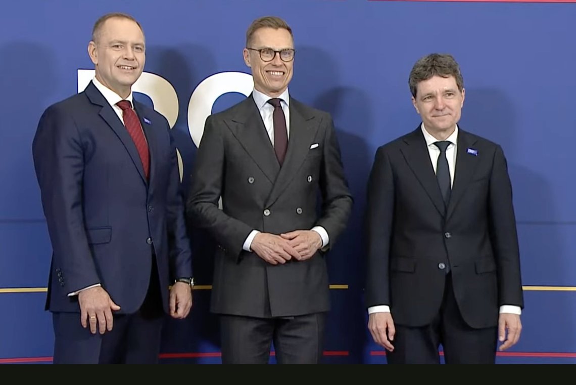 Finland's President Alexander Stubb (centre) stands between Poland's President Karol Nawrocki (left) and Romania's President Nicușor Dan before the opening session of the B9 Summit at Cotroceni Presidential Palace in Bucharest, Romania, on Wednesday, 13 May 2026. Finland's President Alexander Stubb (centre) stands between Poland's President Karol Nawrocki (left) and Romania's President Nicușor Dan before the opening session of the B9 Summit at Cotroceni Presidential Palace in Bucharest, Romania, on Wednesday, 13 May 2026.