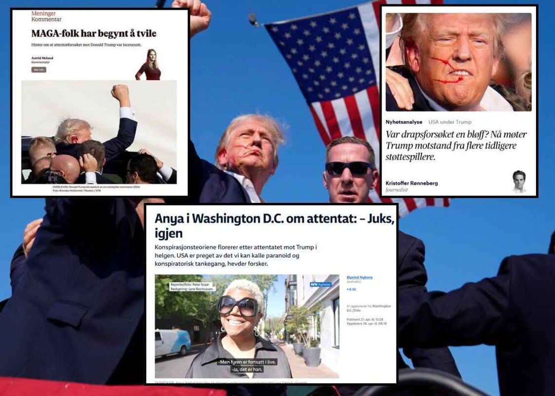 President Donald Trump surrounded by US Secret Service agents during a campaign rally on Saturday, July 13, 2024, in Butler, Pennsylvania. Inserted images: Screenshots from Aftenposten, VG and NRK. President Donald Trump surrounded by US Secret Service agents during a campaign rally on Saturday, July 13, 2024, in Butler, Pennsylvania. Inserted images: Screenshots from Aftenposten, VG and NRK.